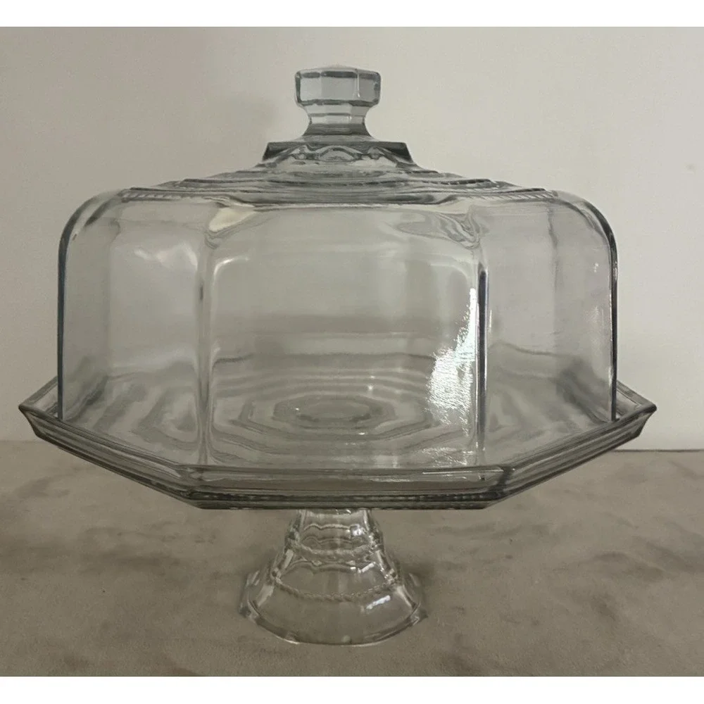 Vintage Cambridge Tuscany Cake Plate Octagon Dome Clear Glass Italy 10in Stand